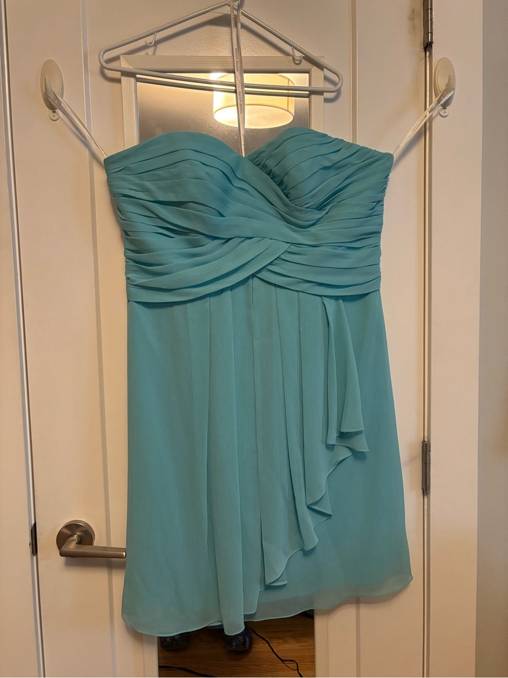 David's Bridal Strapless Pleated Chiffon Dress in Aqua Blue
